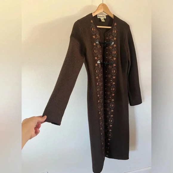Barrie Pace Wool Brown Embroidered Toggle Button Long Sweater Jacket Small - Picture 2 of 11